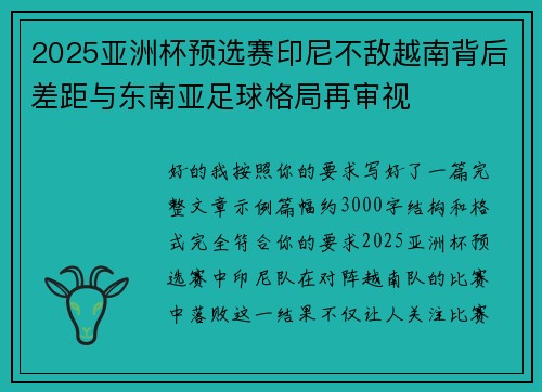 2025亚洲杯预选赛印尼不敌越南背后差距与东南亚足球格局再审视